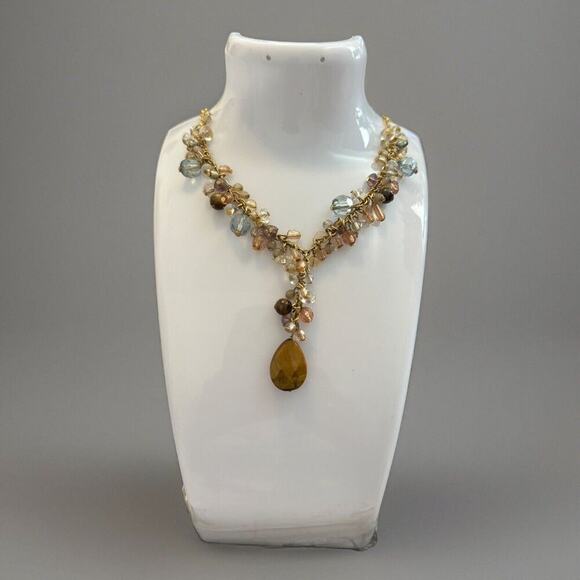 -NECKLACE & EARRING SET VTG Avon 80s Gold Tone Tiger Eye Fish Hook - Picture 6 of 16